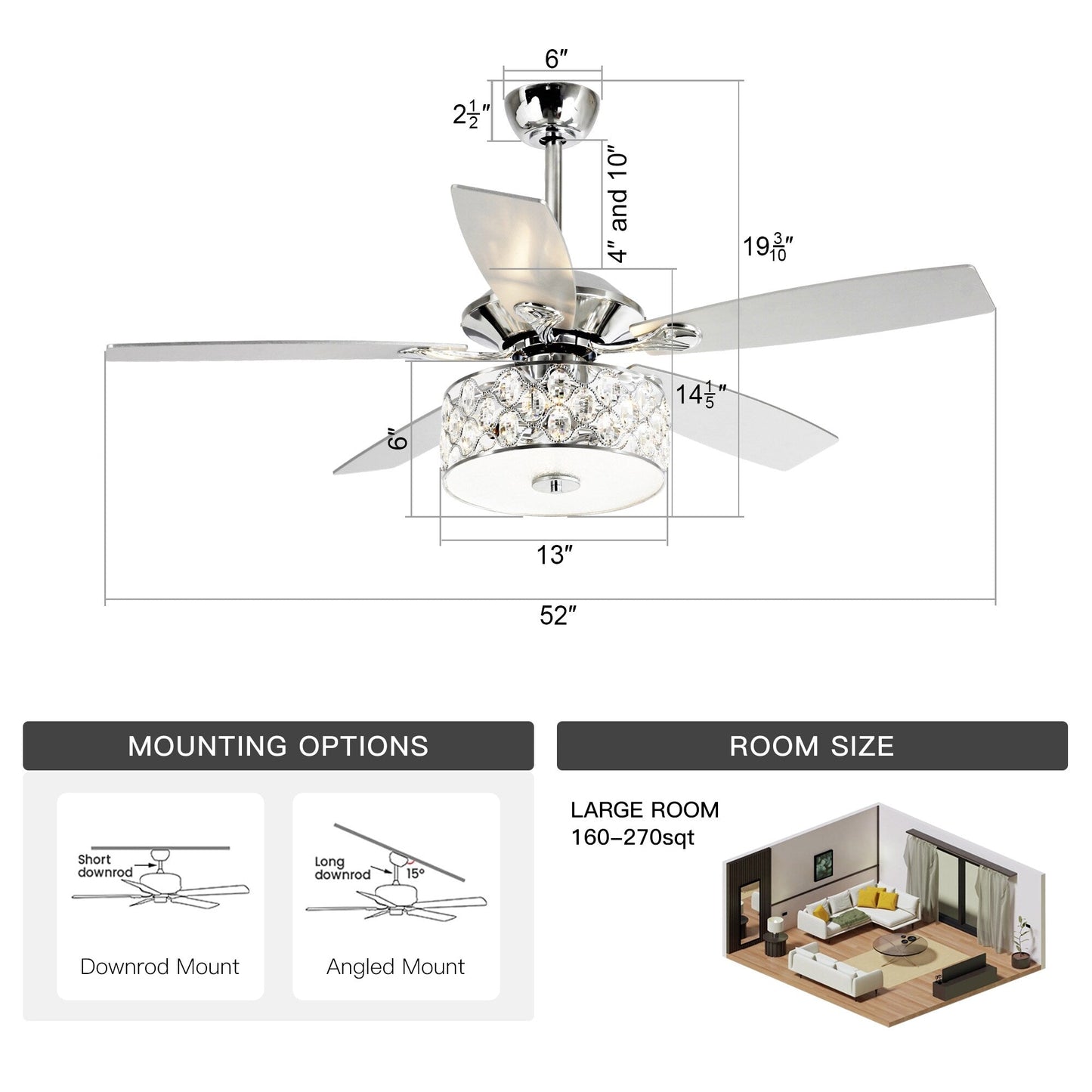 Luminaire suspendu moderne à 52 branches et 4 lumières, avec ventilateur de plafond à cristaux et télécommande.