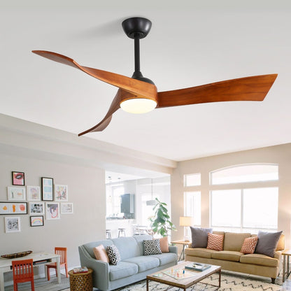 Ventilateur de plafond 52 pouces en bois à 3 pales avec éclairage LED à intensité variable et télécommande, moteur DC réversible à 6 vitesses.