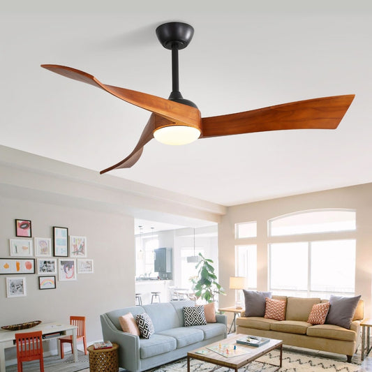 Ventilateur de plafond 52 pouces en bois à 3 pales avec éclairage LED à intensité variable et télécommande, moteur DC réversible à 6 vitesses.