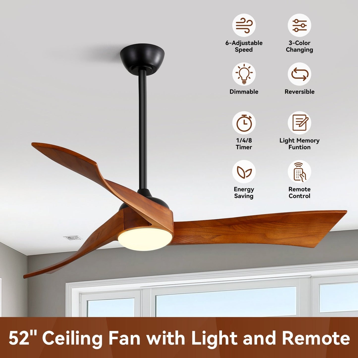 Ventilateur de plafond 52 pouces en bois à 3 pales avec éclairage LED à intensité variable et télécommande, moteur DC réversible à 6 vitesses.