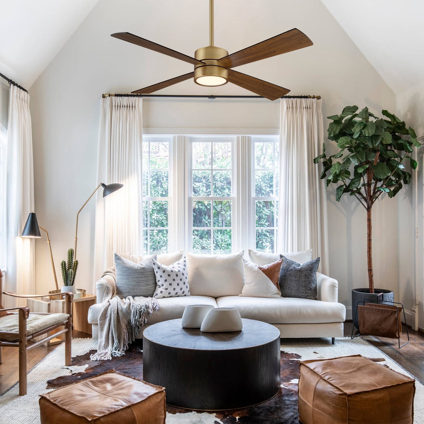 Ventilateur de plafond intérieur à 4 pales en bois laiton antique avec éclairage et télécommande