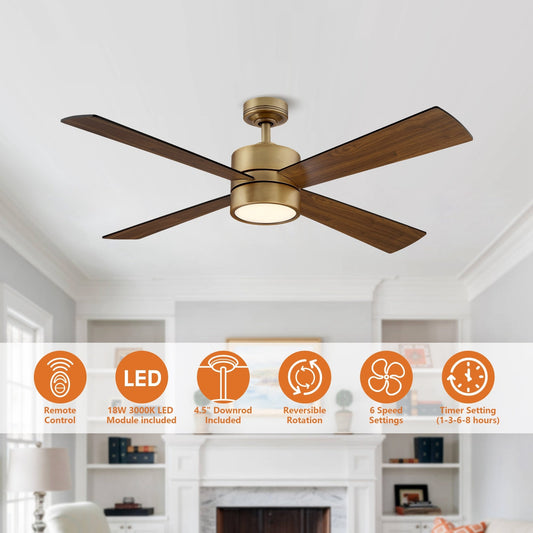 Ventilateur de plafond intérieur à 4 pales en bois laiton antique avec éclairage et télécommande