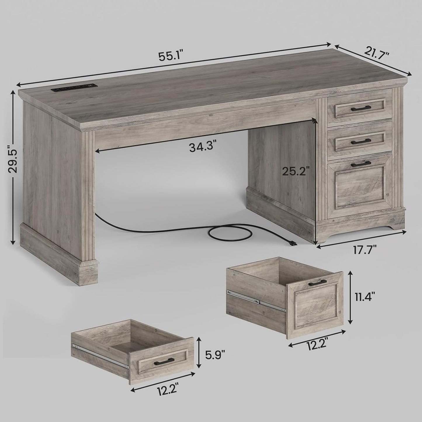 Bureau de direction style farmhouse, bureau de travail pour la maison, tiroir à dossiers, support de moniteur, prise de courant.