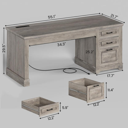 Bureau de direction style farmhouse, bureau de travail pour la maison, tiroir à dossiers, support de moniteur, prise de courant.
