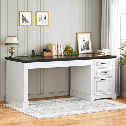 Bureau de direction style farmhouse, bureau de travail pour la maison, tiroir à dossiers, support de moniteur, prise de courant.