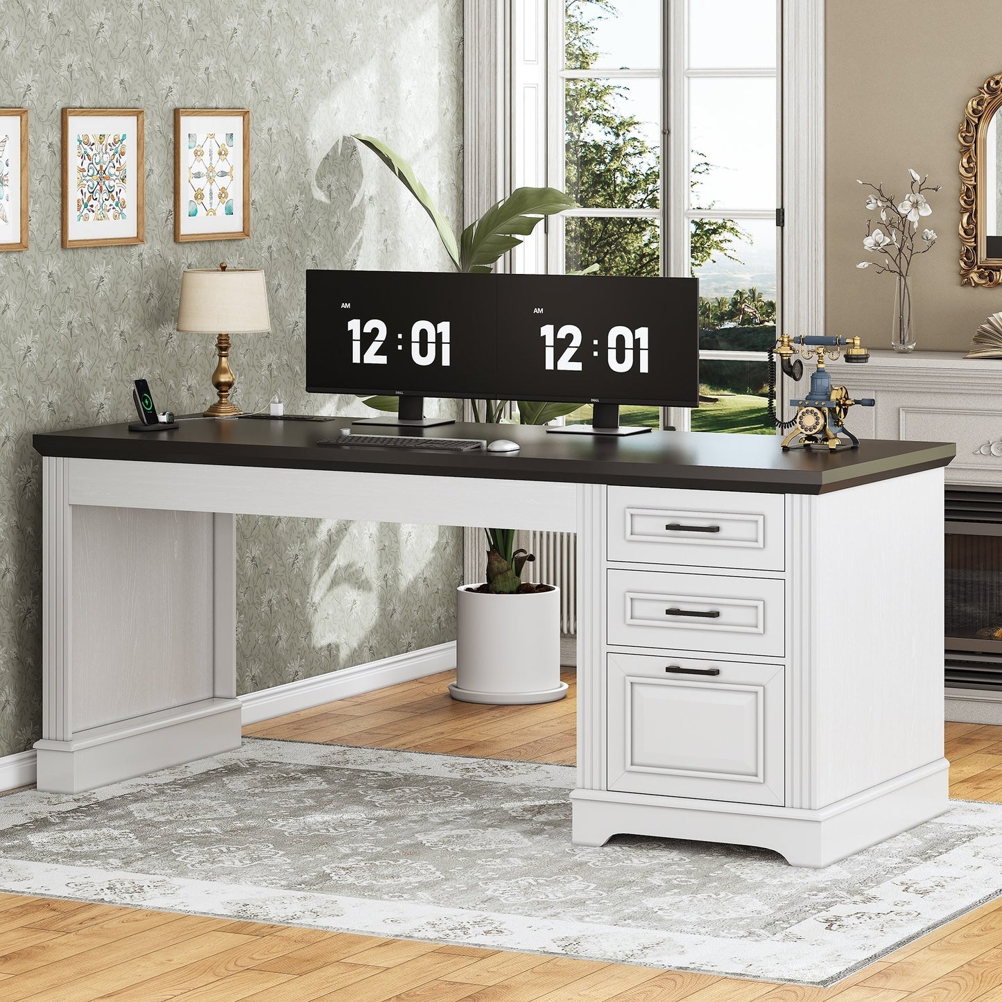Bureau de direction style farmhouse, bureau de travail pour la maison, tiroir à dossiers, support de moniteur, prise de courant.