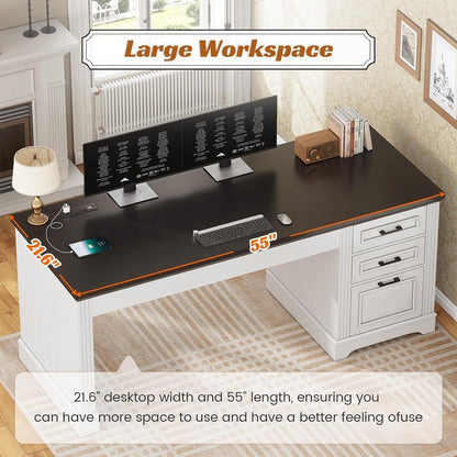 Bureau de direction style farmhouse, bureau de travail pour la maison, tiroir à dossiers, support de moniteur, prise de courant.