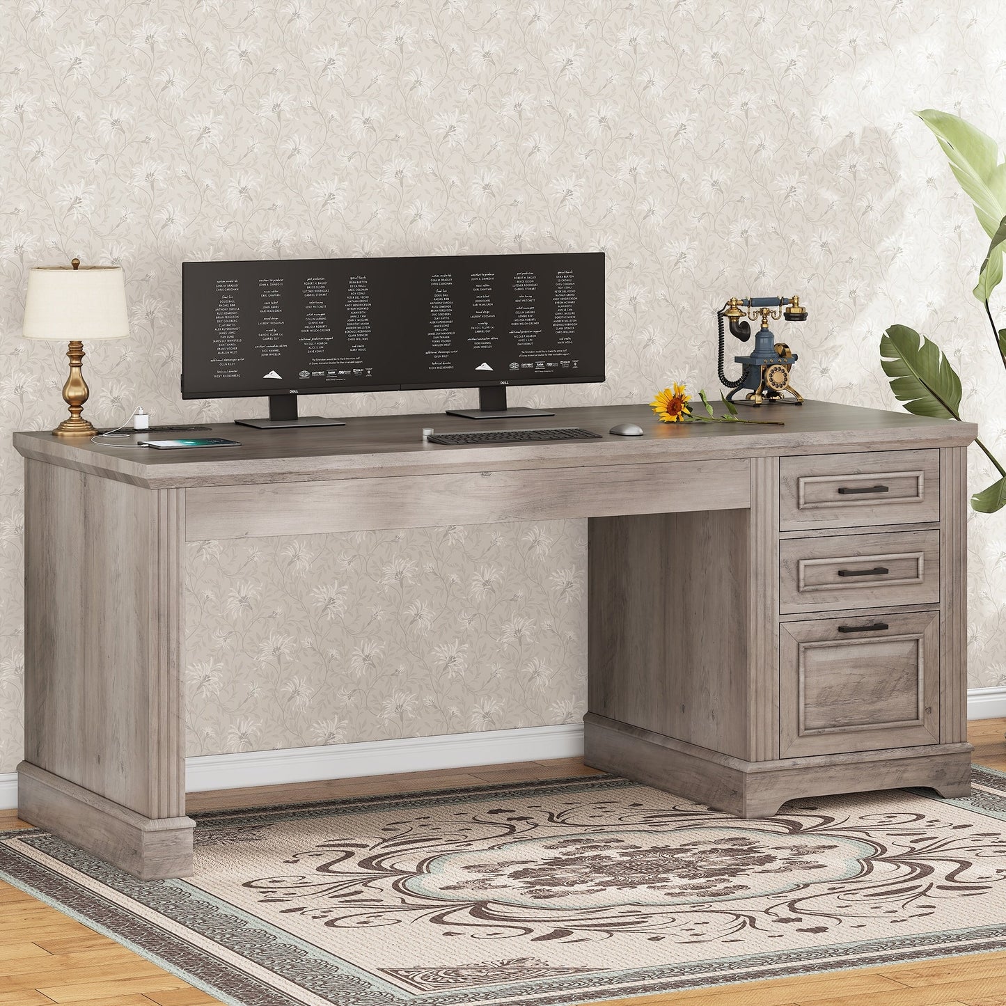Bureau de direction style farmhouse, bureau de travail pour la maison, tiroir à dossiers, support de moniteur, prise de courant.