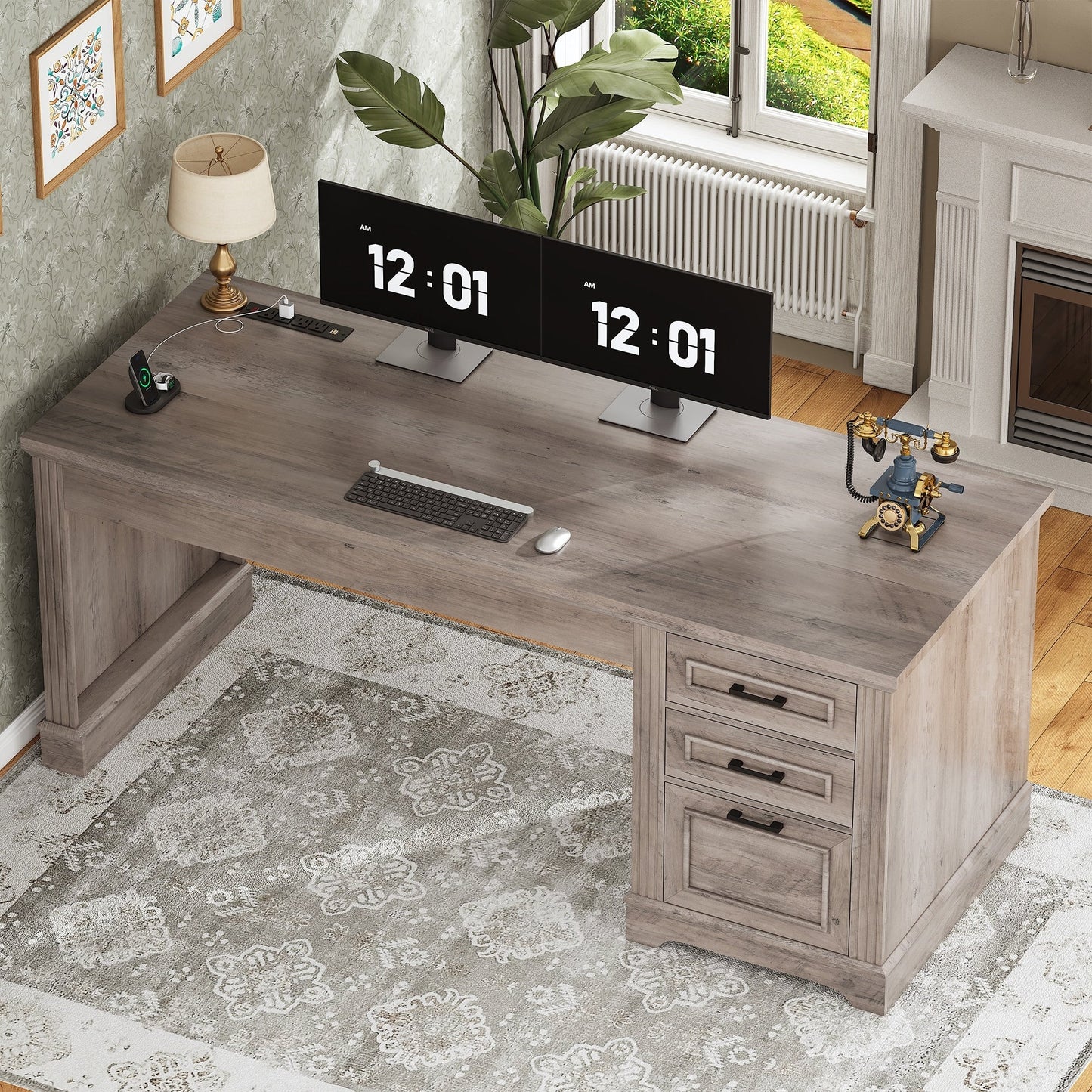 Bureau de direction style farmhouse, bureau de travail pour la maison, tiroir à dossiers, support de moniteur, prise de courant.