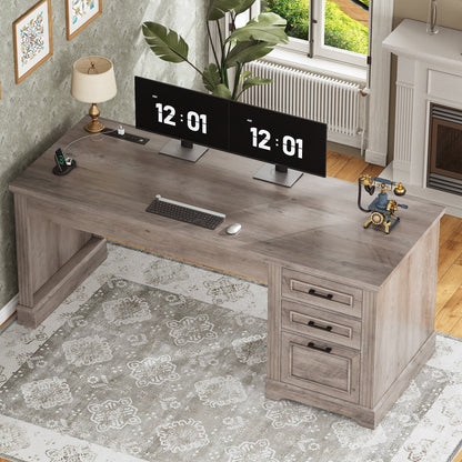 Bureau de direction style farmhouse, bureau de travail pour la maison, tiroir à dossiers, support de moniteur, prise de courant.