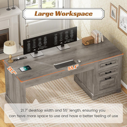 Bureau de direction style farmhouse, bureau de travail pour la maison, tiroir à dossiers, support de moniteur, prise de courant.