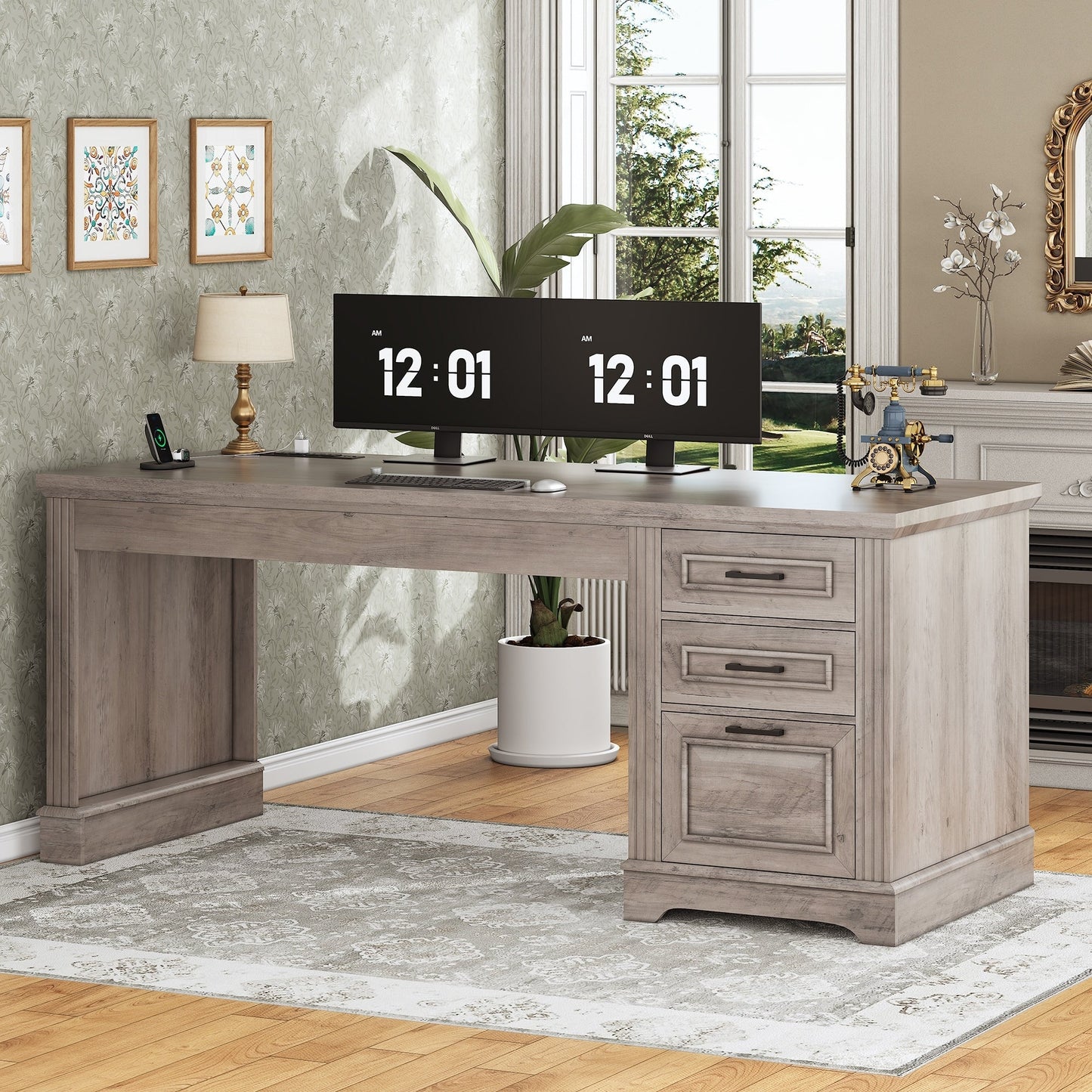 Bureau de direction style farmhouse, bureau de travail pour la maison, tiroir à dossiers, support de moniteur, prise de courant.