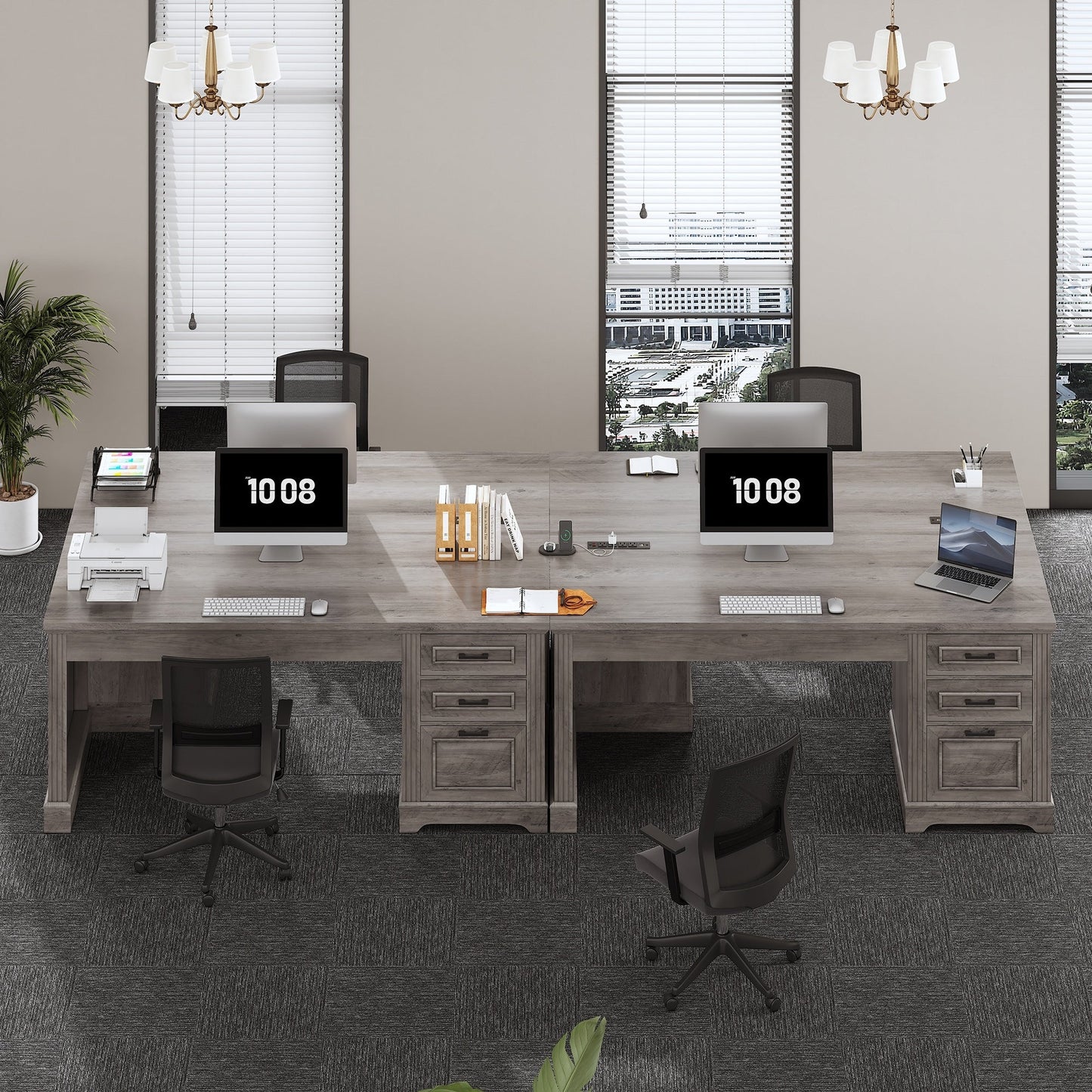 Bureau de direction style farmhouse, bureau de travail pour la maison, tiroir à dossiers, support de moniteur, prise de courant.