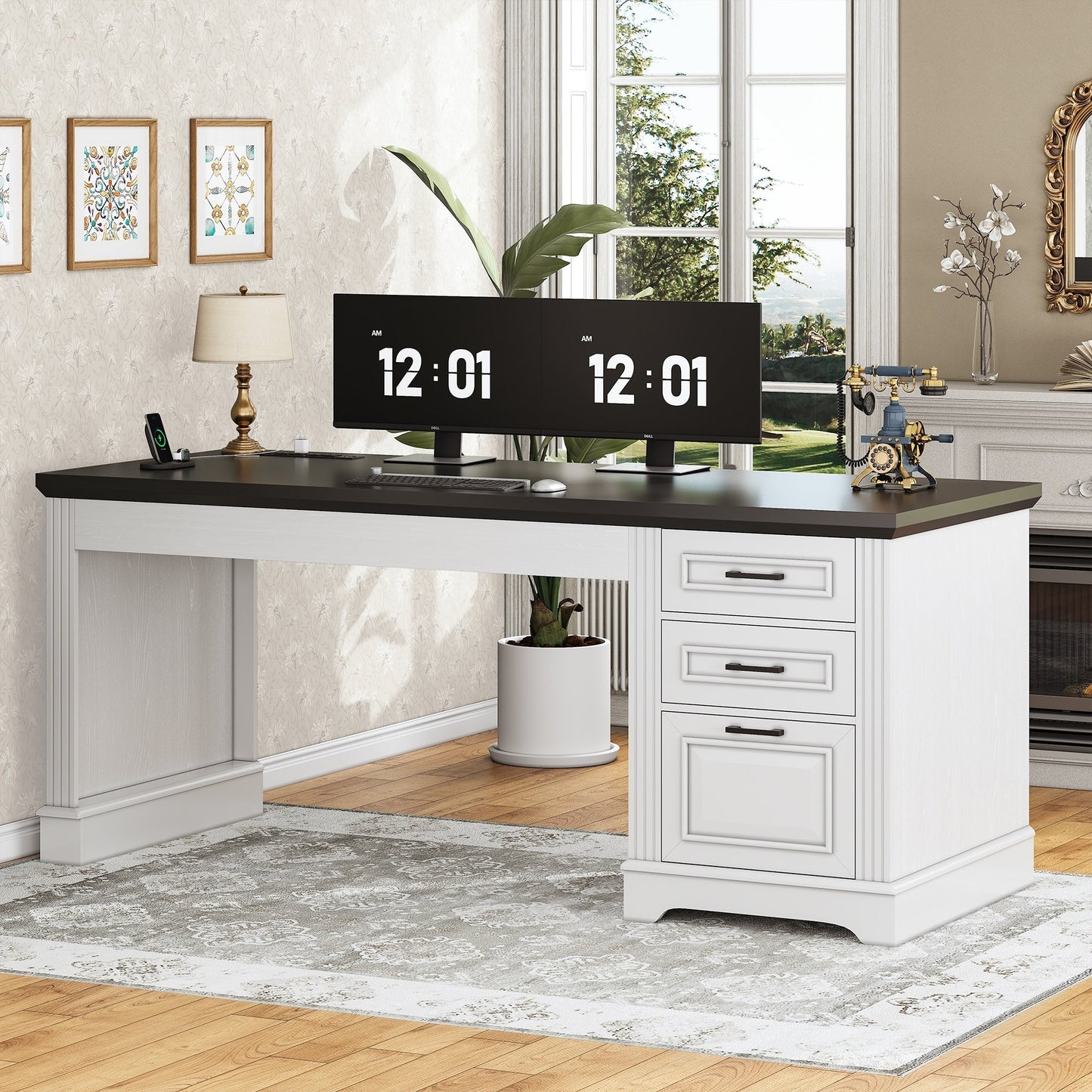 Bureau de direction style farmhouse, bureau de travail pour la maison, tiroir à dossiers, support de moniteur, prise de courant.