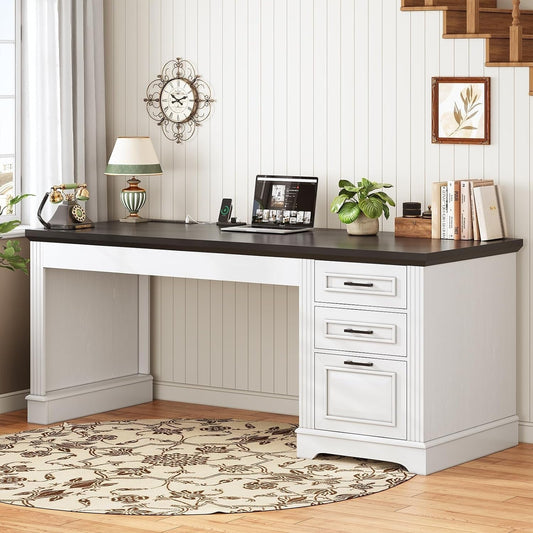 Bureau de direction style farmhouse, bureau de travail pour la maison, tiroir à dossiers, support de moniteur, prise de courant.