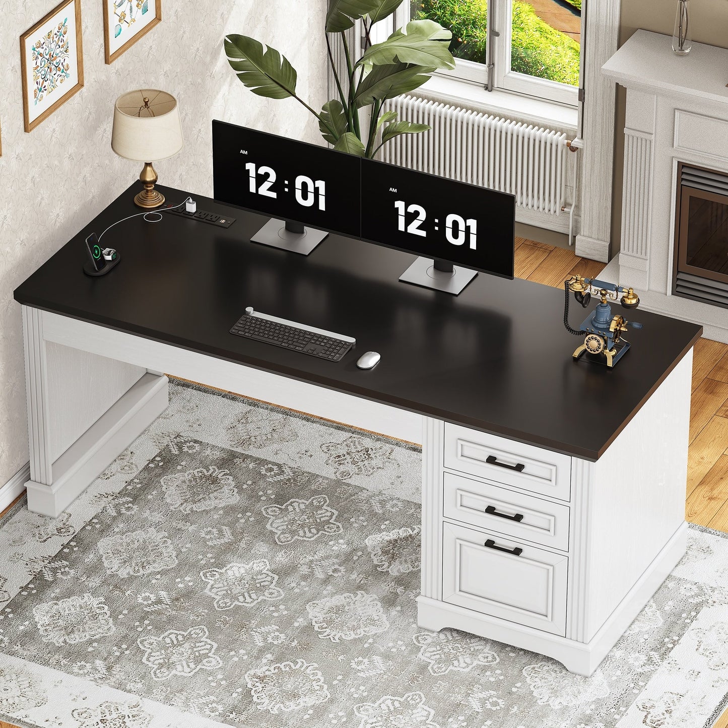 Bureau de direction style farmhouse, bureau de travail pour la maison, tiroir à dossiers, support de moniteur, prise de courant.