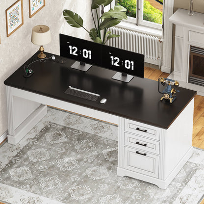 Bureau de direction style farmhouse, bureau de travail pour la maison, tiroir à dossiers, support de moniteur, prise de courant.