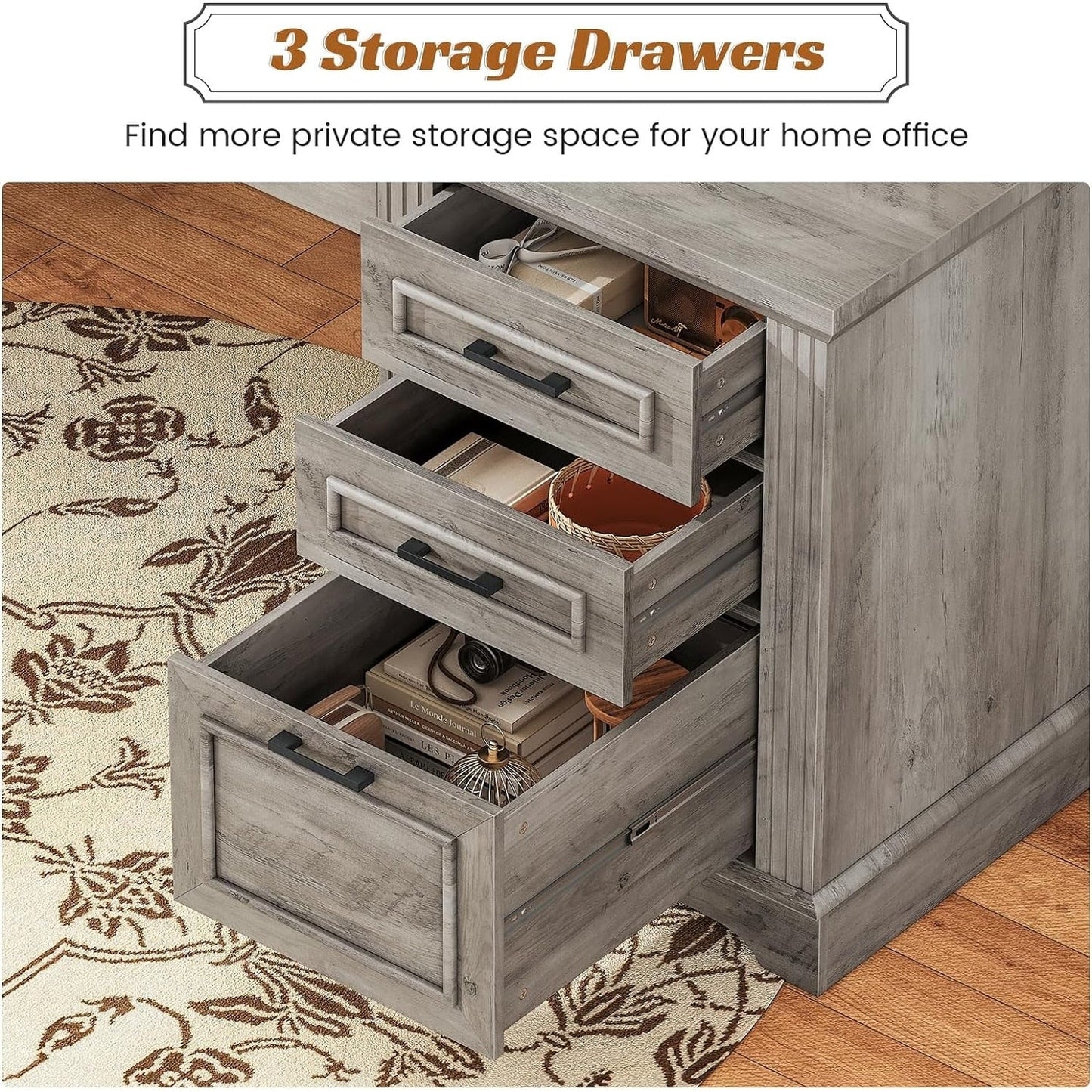 Bureau de direction style farmhouse, bureau de travail pour la maison, tiroir à dossiers, support de moniteur, prise de courant.