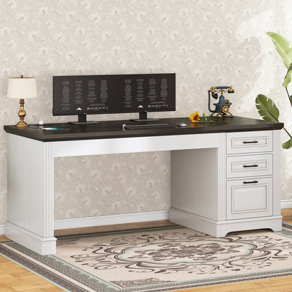 Bureau de direction style farmhouse, bureau de travail pour la maison, tiroir à dossiers, support de moniteur, prise de courant.