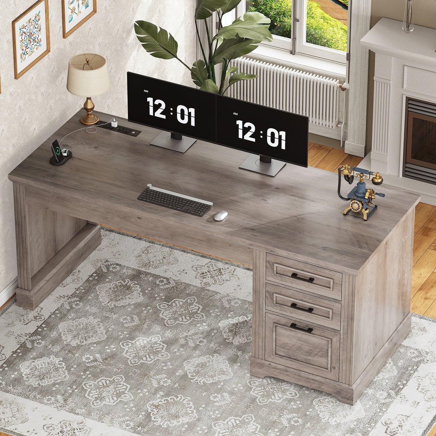 Bureau de direction style farmhouse, bureau de travail pour la maison, tiroir à dossiers, support de moniteur, prise de courant.