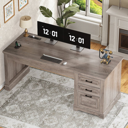 Bureau de direction style farmhouse, bureau de travail pour la maison, tiroir à dossiers, support de moniteur, prise de courant.