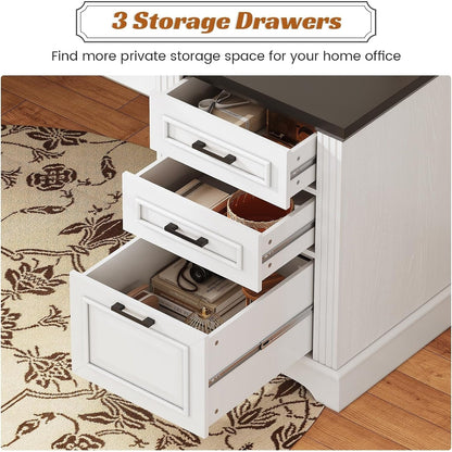 Bureau de direction style farmhouse, bureau de travail pour la maison, tiroir à dossiers, support de moniteur, prise de courant.