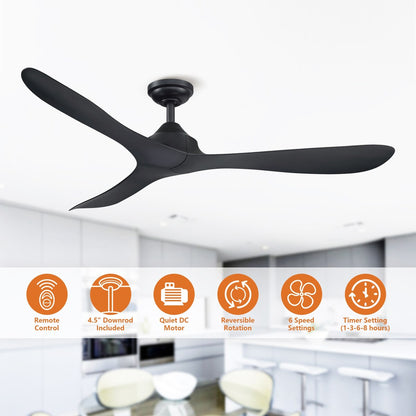 Ventilateur de plafond à courant continu à 3 pales, noir moderne, 56 pouces, avec télécommande.