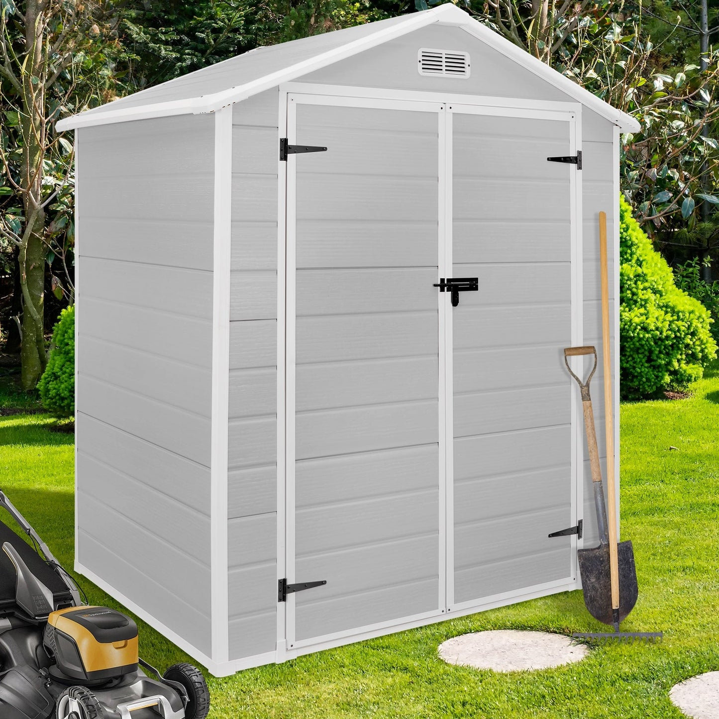 Abri de jardin en résine pour extérieur, résistant aux intempéries, avec plancher, modèle Spire Tool Shed, dimensions : 6 pi x 4 pi / 6 pi x 8 pi / 8 pi x 6 pi / 8 pi x 10 pi