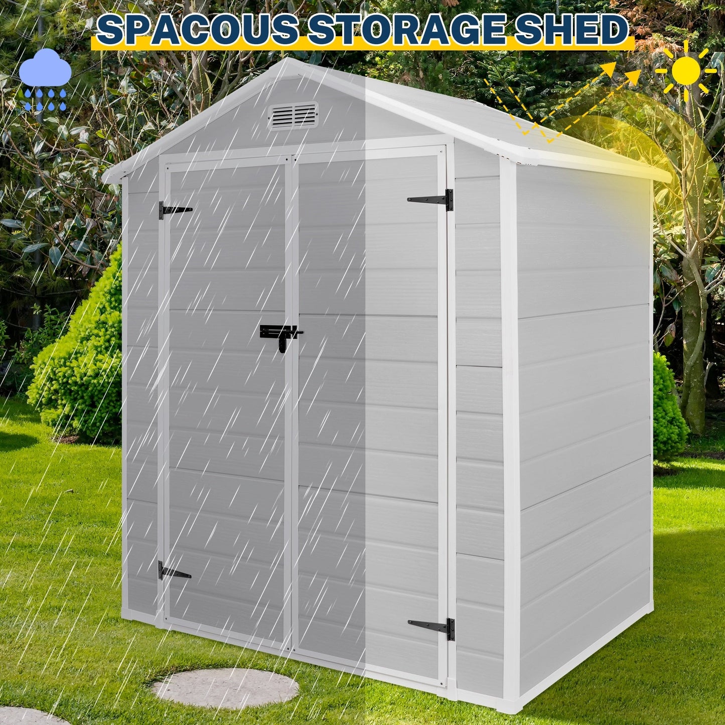 Abri de jardin en résine pour extérieur, résistant aux intempéries, avec plancher, modèle Spire Tool Shed, dimensions : 6 pi x 4 pi / 6 pi x 8 pi / 8 pi x 6 pi / 8 pi x 10 pi