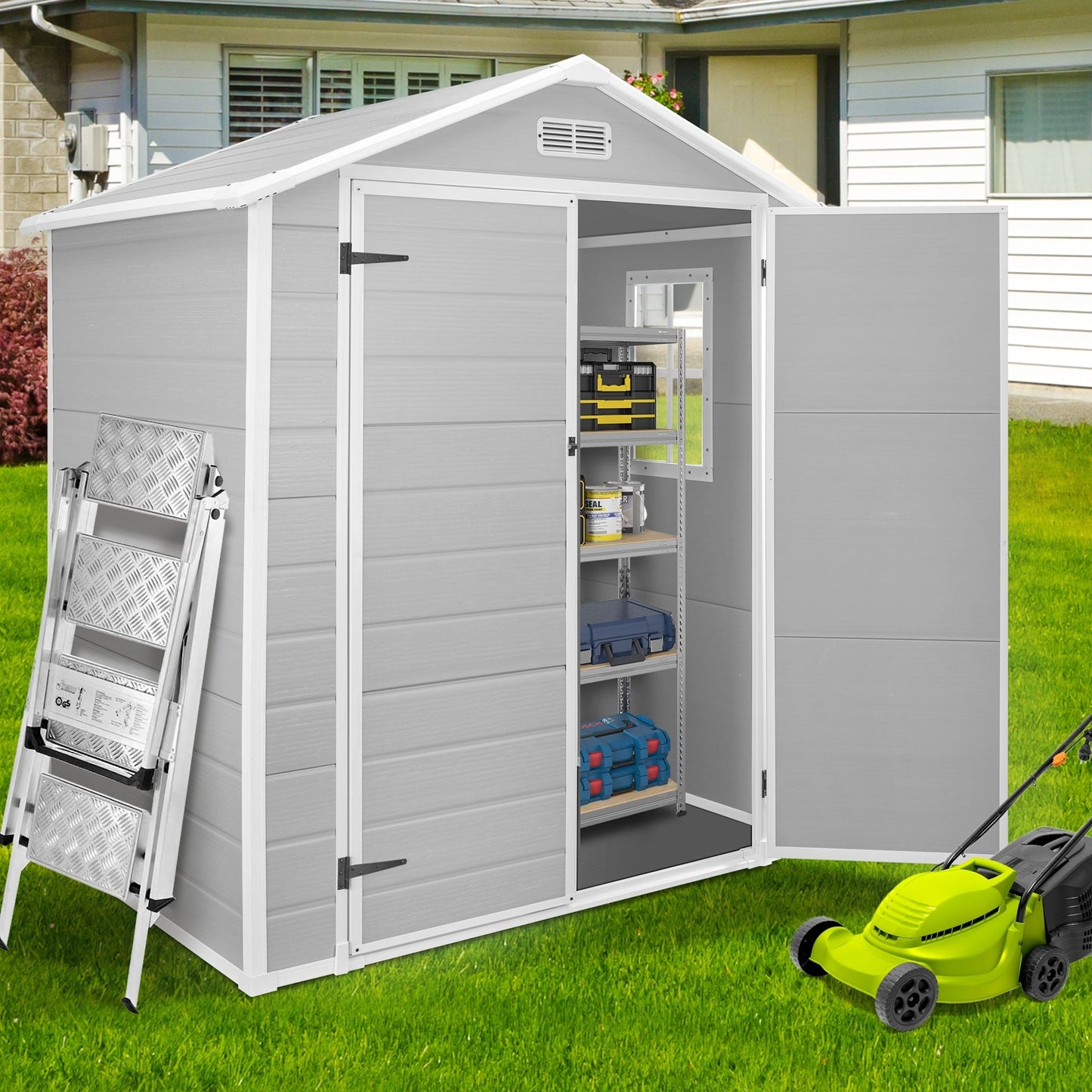 Abri de jardin en résine pour extérieur, résistant aux intempéries, avec plancher, modèle Spire Tool Shed, dimensions : 6 pi x 4 pi / 6 pi x 8 pi / 8 pi x 6 pi / 8 pi x 10 pi