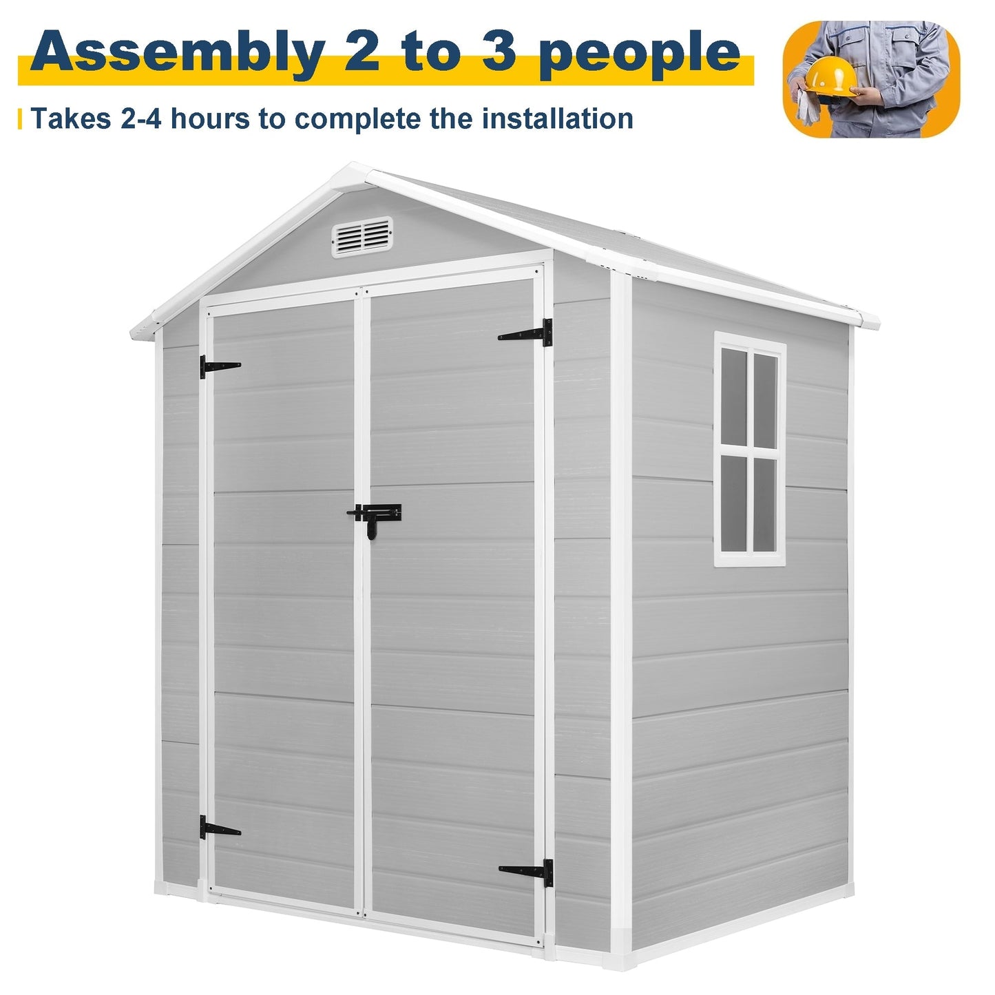 Abri de jardin en résine pour extérieur, résistant aux intempéries, avec plancher, modèle Spire Tool Shed, dimensions : 6 pi x 4 pi / 6 pi x 8 pi / 8 pi x 6 pi / 8 pi x 10 pi