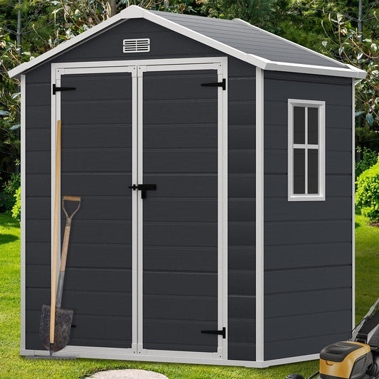 Abri de jardin en résine pour extérieur, résistant aux intempéries, avec plancher, modèle Spire Tool Shed, dimensions : 6 pi x 4 pi / 6 pi x 8 pi / 8 pi x 6 pi / 8 pi x 10 pi