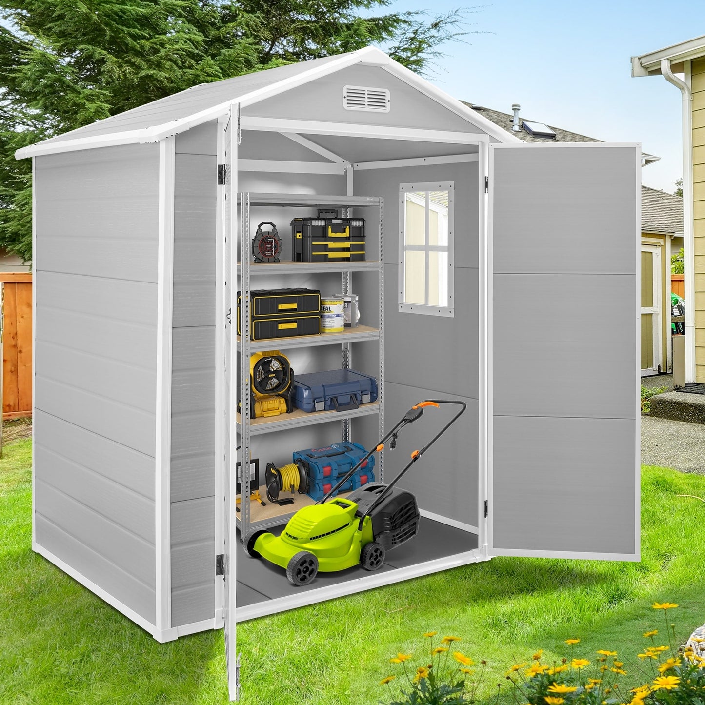 Abri de jardin en résine pour extérieur, résistant aux intempéries, avec plancher, modèle Spire Tool Shed, dimensions : 6 pi x 4 pi / 6 pi x 8 pi / 8 pi x 6 pi / 8 pi x 10 pi