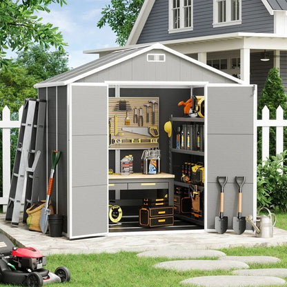 Abri de jardin en résine pour extérieur, résistant aux intempéries, avec plancher, modèle Spire Tool Shed, dimensions : 6 pi x 4 pi / 6 pi x 8 pi / 8 pi x 6 pi / 8 pi x 10 pi