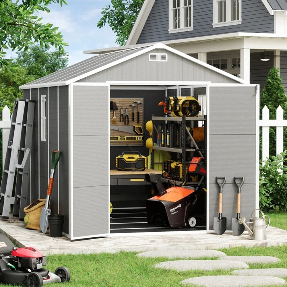 Abri de jardin en résine pour extérieur, résistant aux intempéries, avec plancher, modèle Spire Tool Shed, dimensions : 6 pi x 4 pi / 6 pi x 8 pi / 8 pi x 6 pi / 8 pi x 10 pi