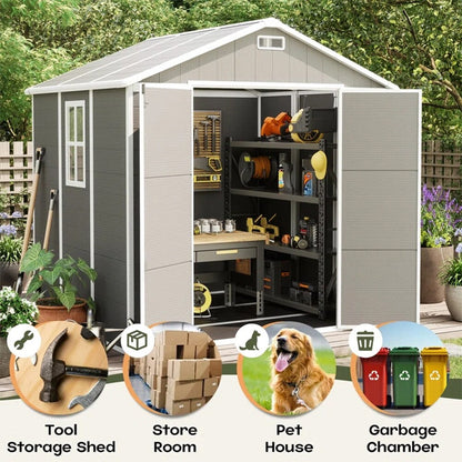 Abri de jardin en résine pour extérieur, résistant aux intempéries, avec plancher, modèle Spire Tool Shed, dimensions : 6 pi x 4 pi / 6 pi x 8 pi / 8 pi x 6 pi / 8 pi x 10 pi