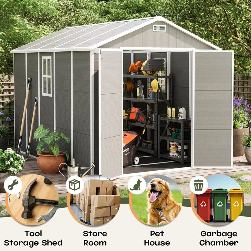 Abri de jardin en résine pour extérieur, résistant aux intempéries, avec plancher, modèle Spire Tool Shed, dimensions : 6 pi x 4 pi / 6 pi x 8 pi / 8 pi x 6 pi / 8 pi x 10 pi