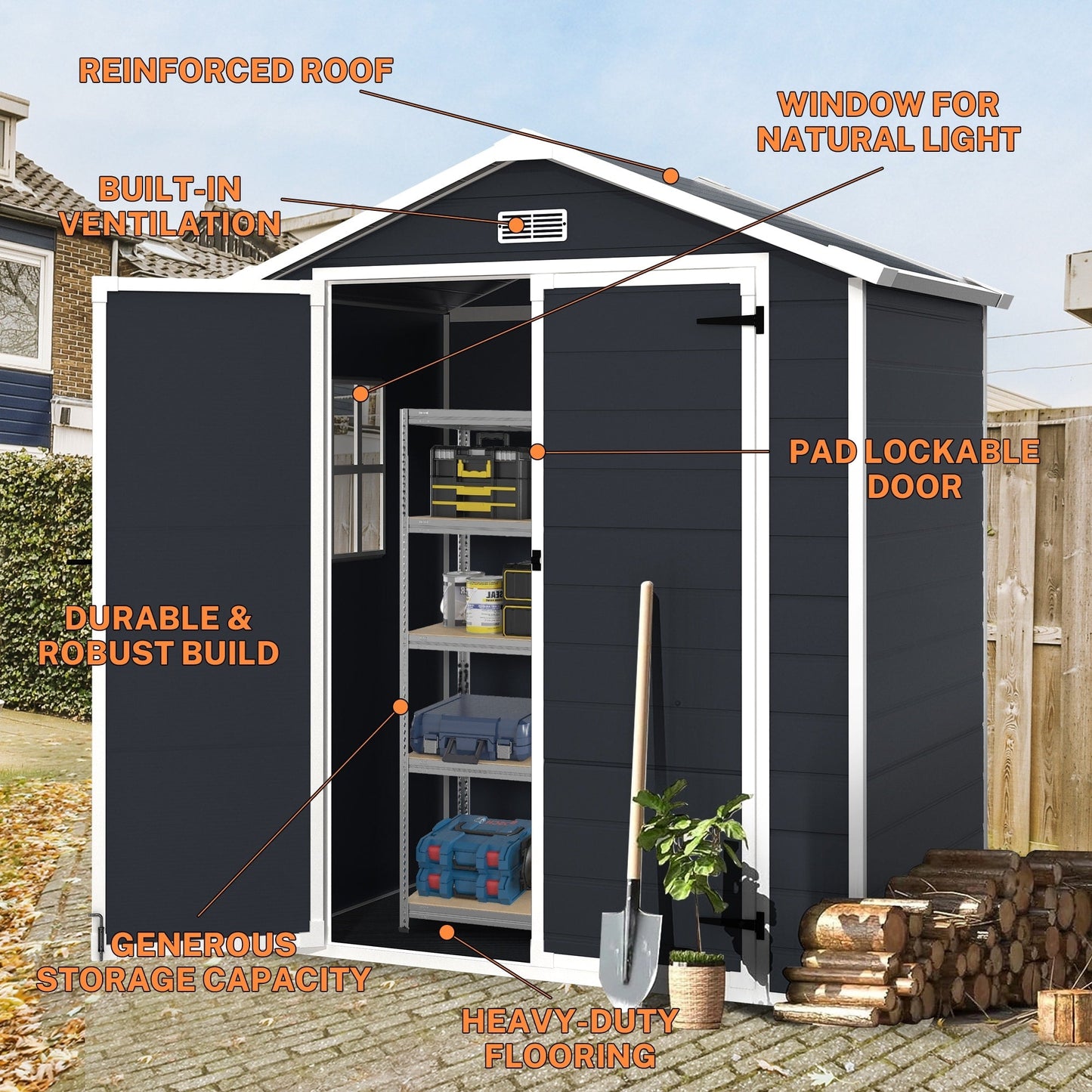 Abri de jardin en résine pour extérieur, résistant aux intempéries, avec plancher, modèle Spire Tool Shed, dimensions : 6 pi x 4 pi / 6 pi x 8 pi / 8 pi x 6 pi / 8 pi x 10 pi