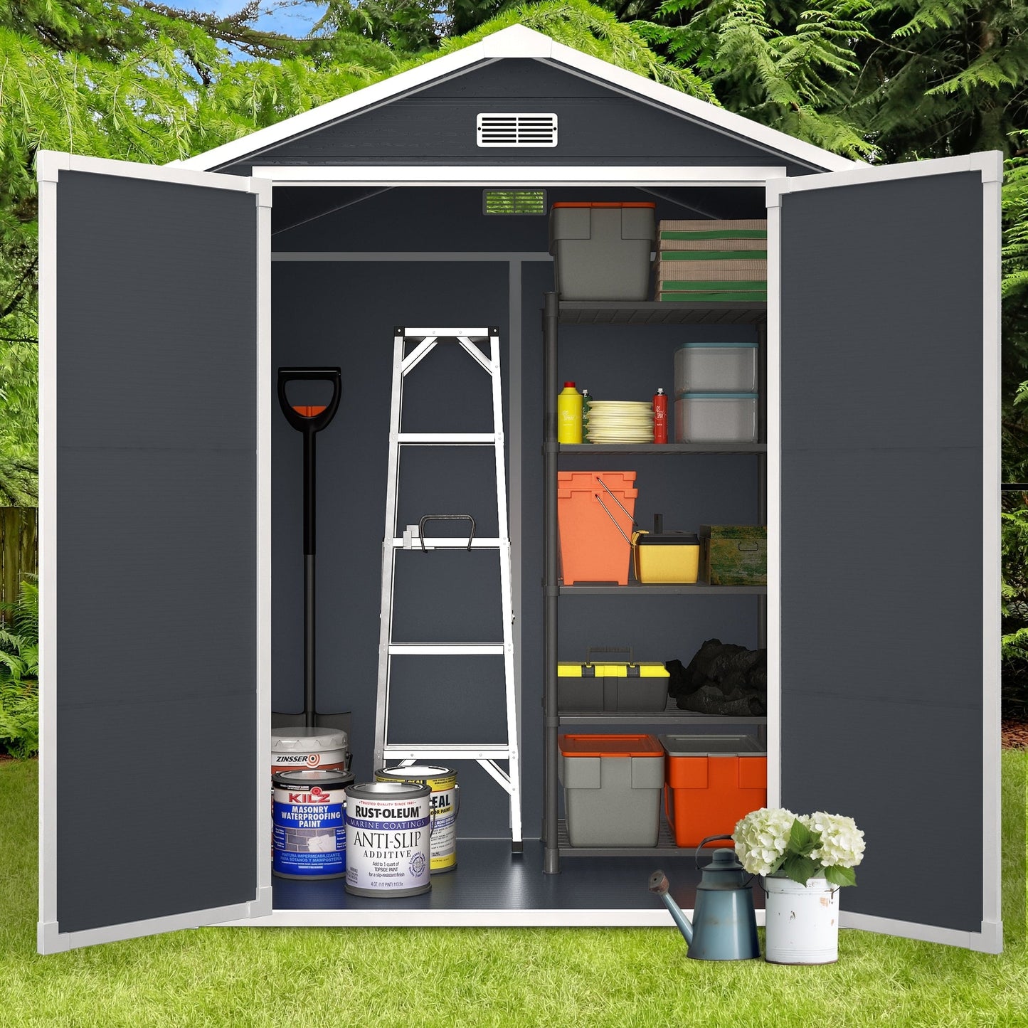 Abri de jardin en résine pour extérieur, résistant aux intempéries, avec plancher, modèle Spire Tool Shed, dimensions : 6 pi x 4 pi / 6 pi x 8 pi / 8 pi x 6 pi / 8 pi x 10 pi