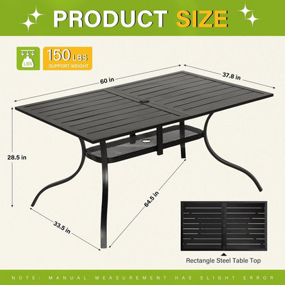 Table rectangulaire de jardin en métal à lattes avec trou pour parasol, 60 x 37 pouces, pour 6 personnes.