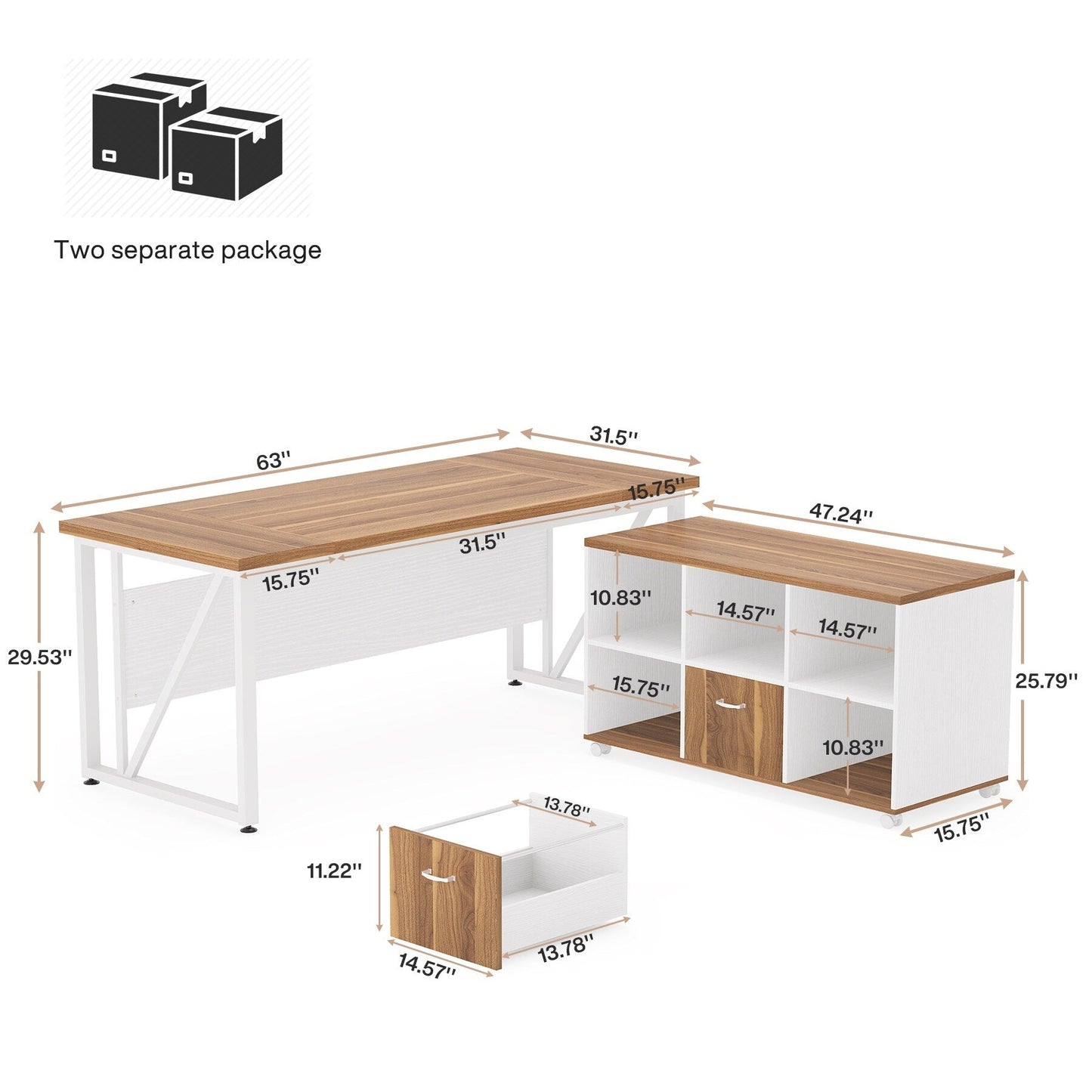 Bureau d'ordinateur en forme de L de 63 pouces avec armoire à dossiers latérale de 47 pouces, ensemble de bureau pour maison et bureau de direction.
