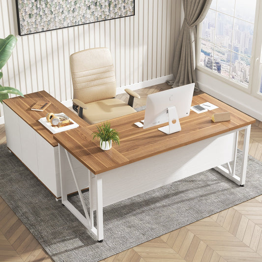 Bureau d'ordinateur en forme de L de 63 pouces avec armoire à dossiers latérale de 47 pouces, ensemble de bureau pour maison et bureau de direction.
