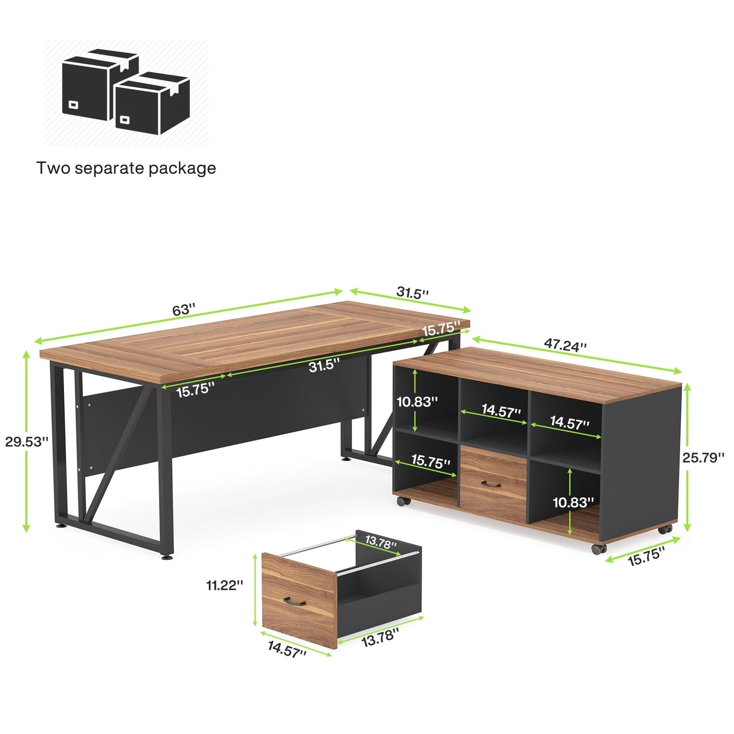 Bureau d'ordinateur en forme de L de 63 pouces avec armoire à dossiers latérale de 47 pouces, ensemble de bureau pour maison et bureau de direction.