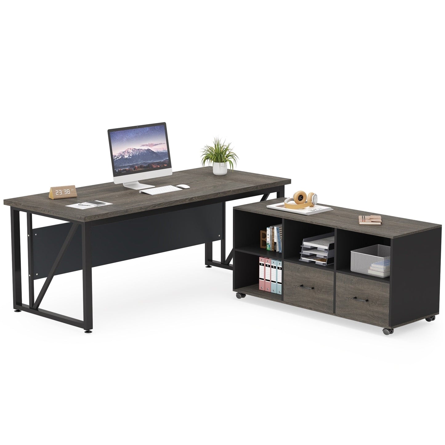 Bureau d'ordinateur en forme de L de 63 pouces avec armoire à dossiers latérale de 47 pouces, ensemble de bureau pour maison et bureau de direction.