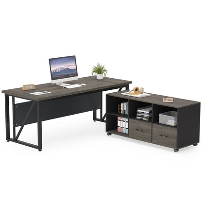 Bureau d'ordinateur en forme de L de 63 pouces avec armoire à dossiers latérale de 47 pouces, ensemble de bureau pour maison et bureau de direction.