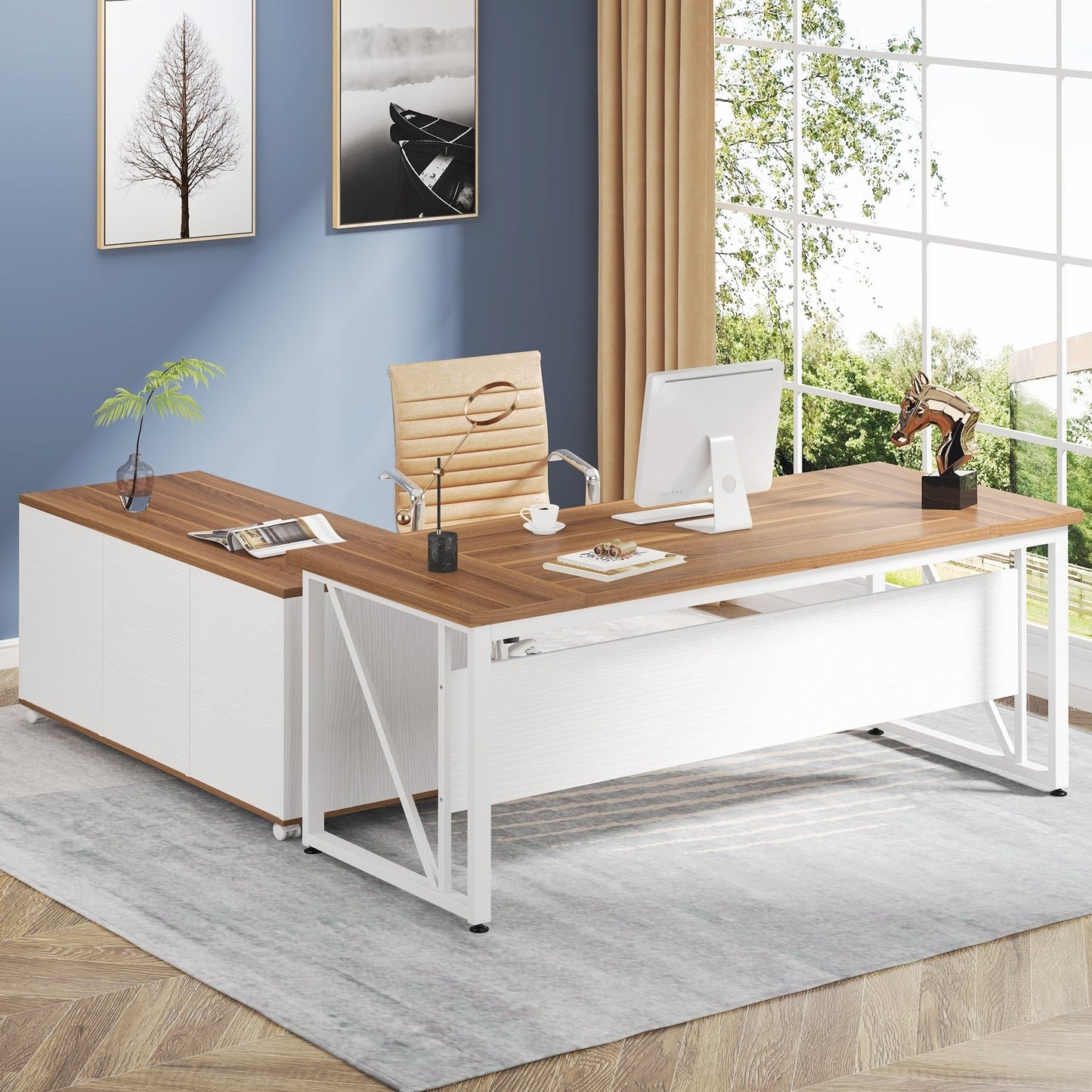 Bureau d'ordinateur en forme de L de 63 pouces avec armoire à dossiers latérale de 47 pouces, ensemble de bureau pour maison et bureau de direction.