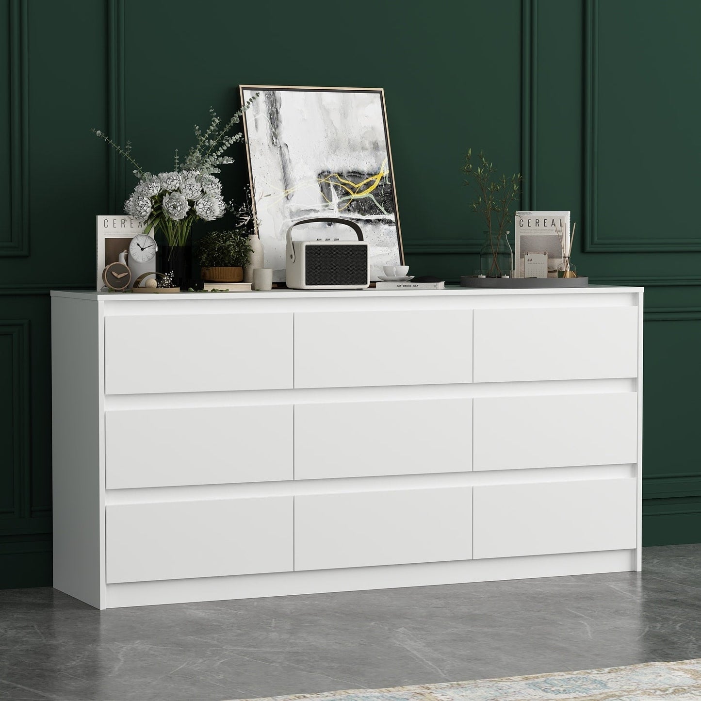 Commode 63W à 9 tiroirs, commode d'appoint pour salon et chambre à coucher.