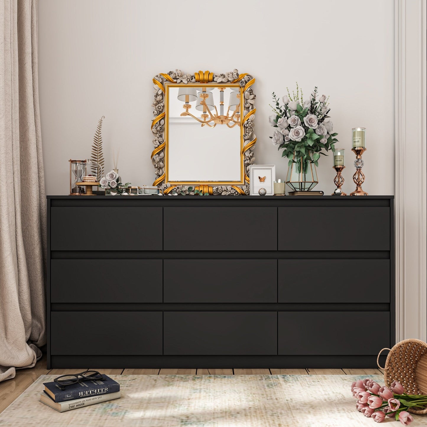 Commode 63W à 9 tiroirs, commode d'appoint pour salon et chambre à coucher.