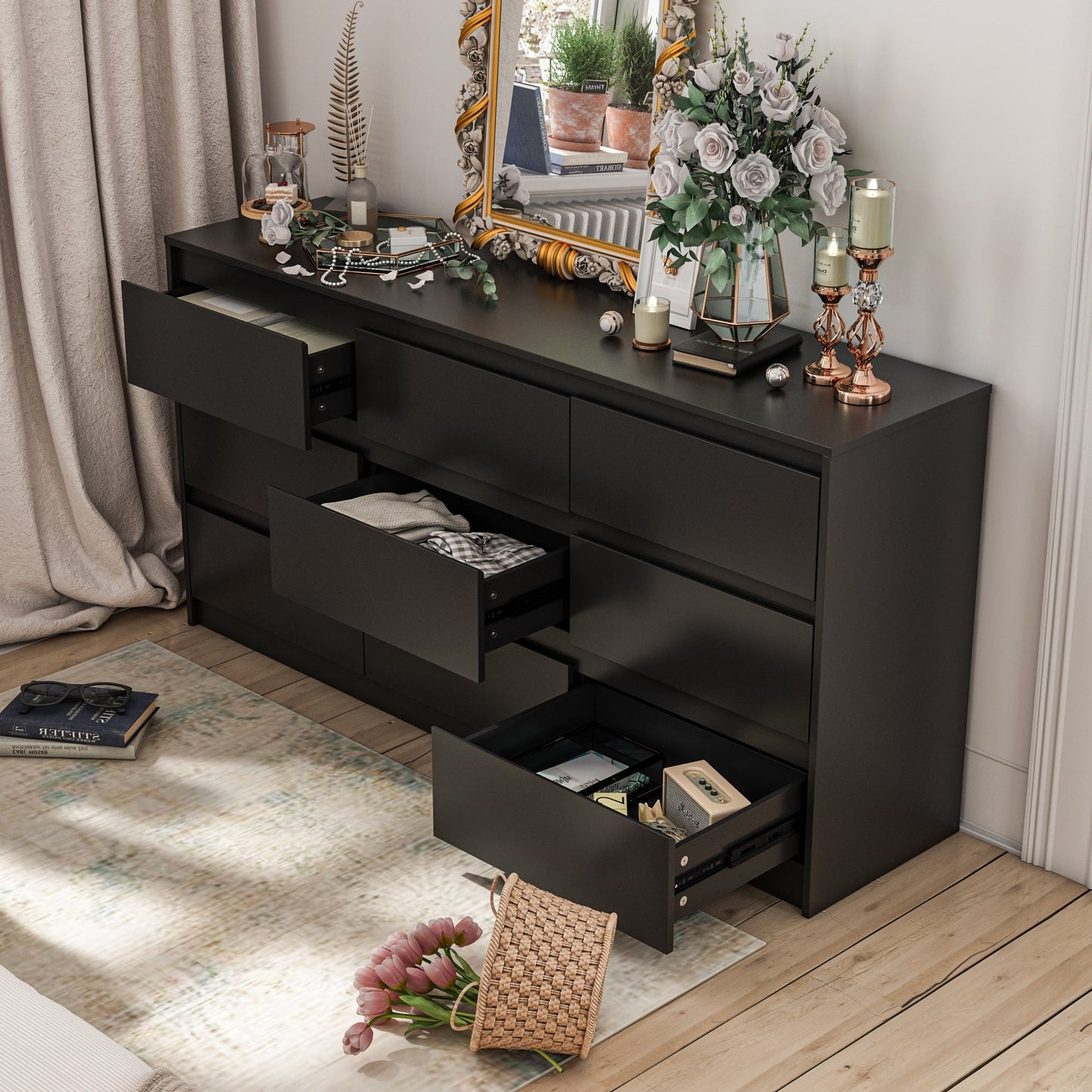 Commode 63W à 9 tiroirs, commode d'appoint pour salon et chambre à coucher.