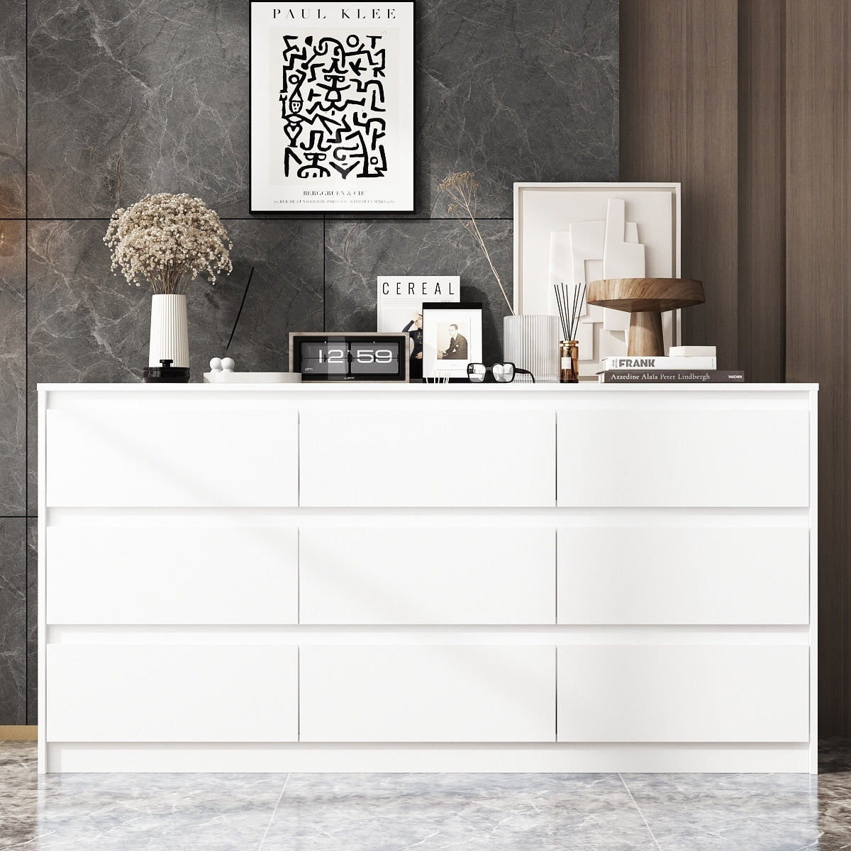 Commode 63W à 9 tiroirs, commode d'appoint pour salon et chambre à coucher.